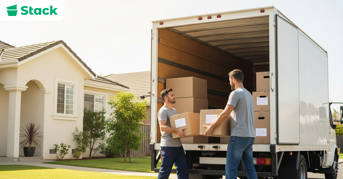 Professional movers loading boxes into a moving truck for a local move