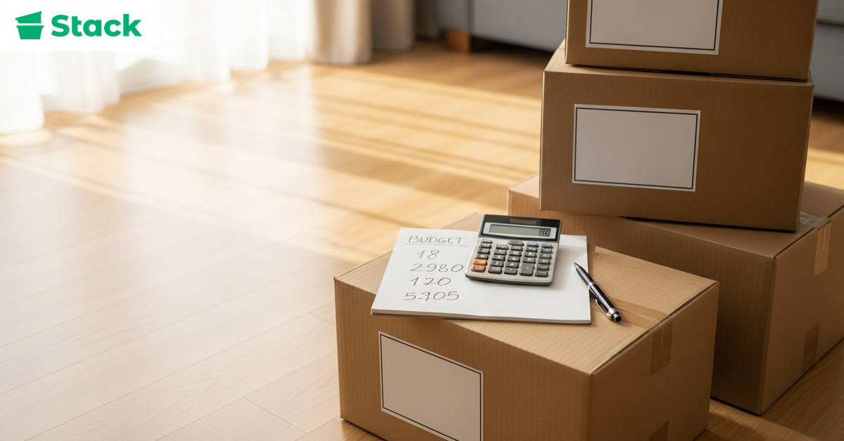 Moving boxes with a calculator and budget notes showing local moving costs