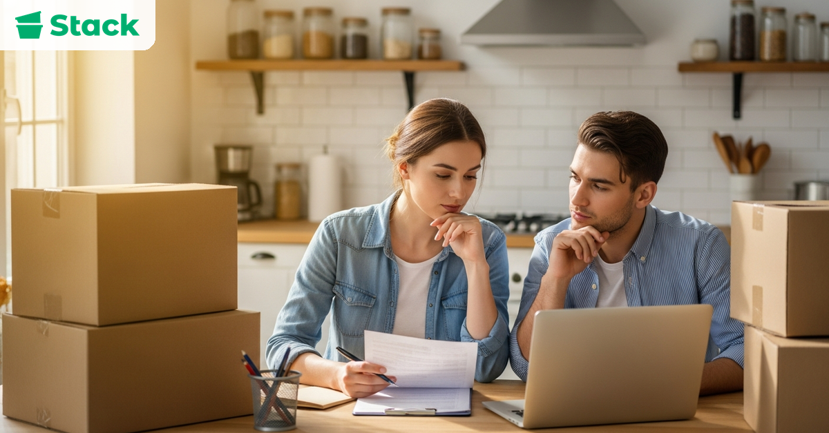 Couple reviewing local moving costs and comparing movers