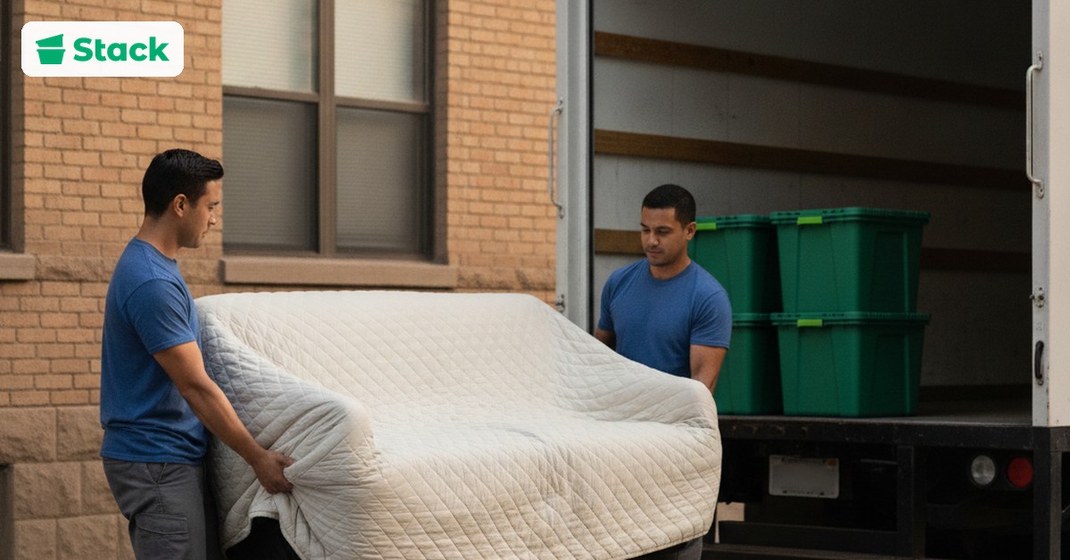 Professional movers loading a wrapped sofa and green Stack moving bins into a moving truck