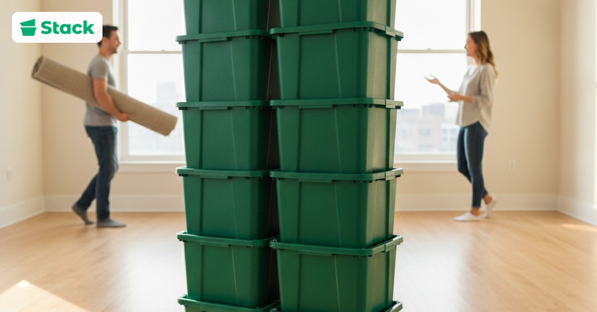 Stacked green Stack reusable moving bins in an empty 2-bedroom apartment living room