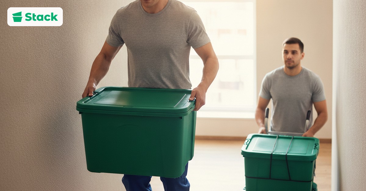 Movers carrying green Stack reusable moving bins through an apartment hallway