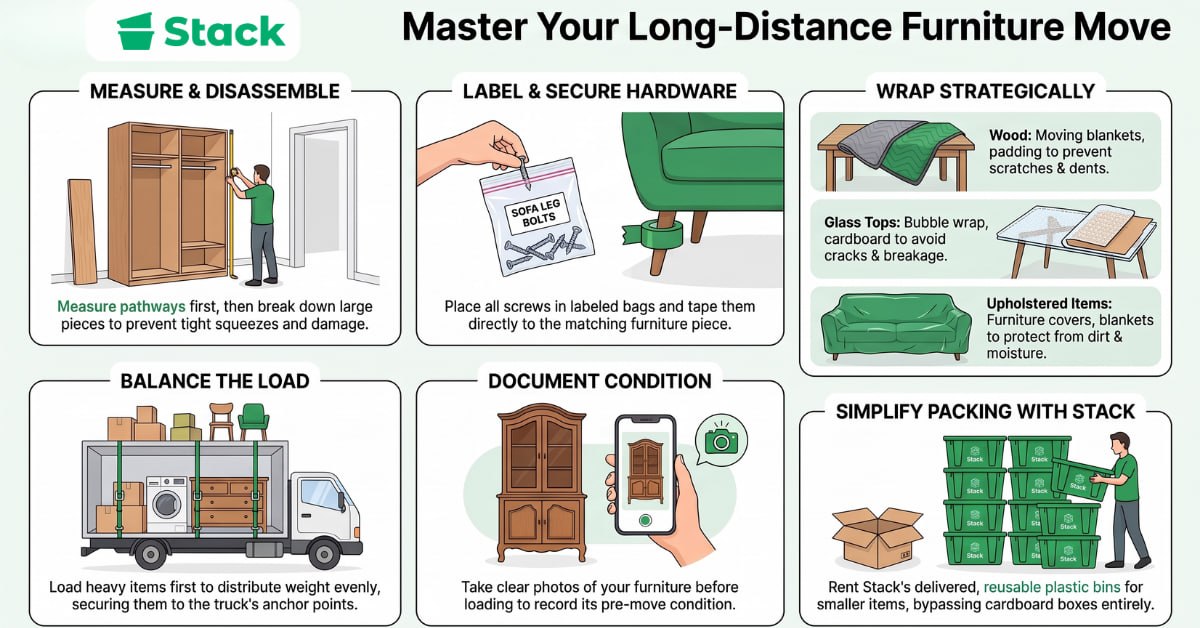 Infographic on preparing furniture for a long-distance move, covering measuring and disassembly, labelling hardware in bags, wrapping wood, glass tops and upholstery, balancing the truck load, documenting condition with photos, and renting reusable Stack bins