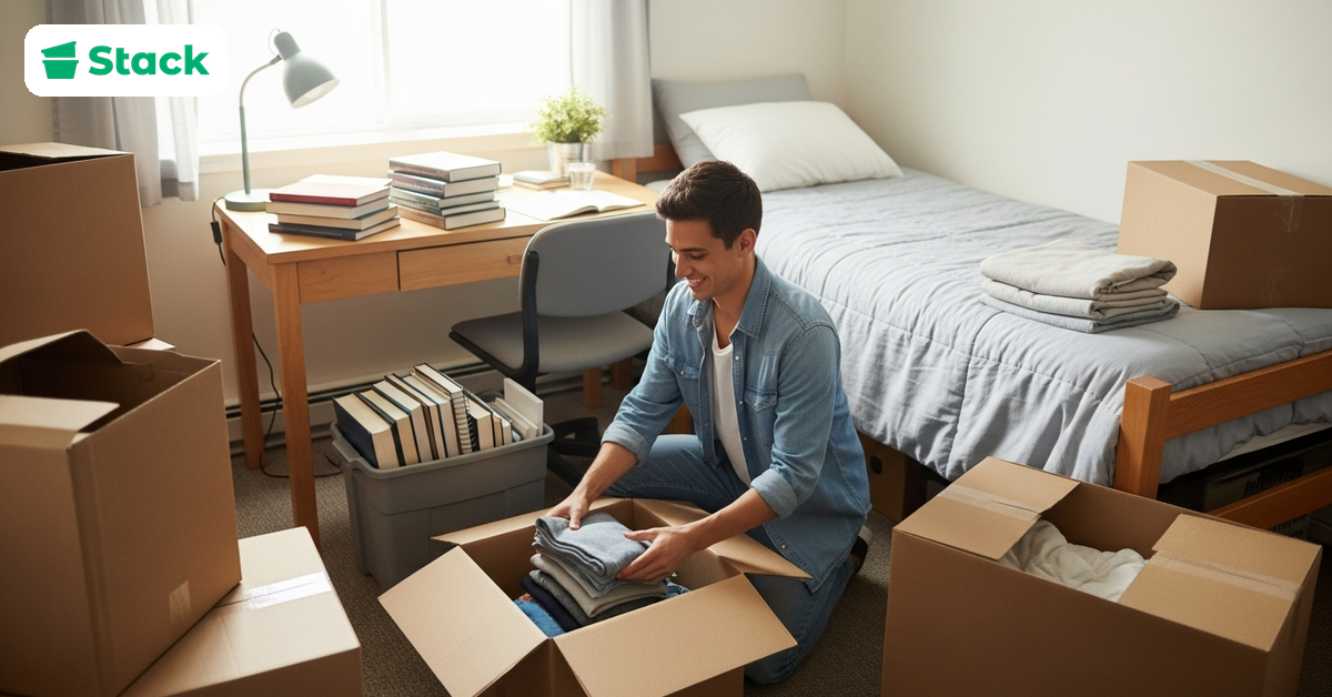 College student packing dorm room belongings into moving boxes and bins