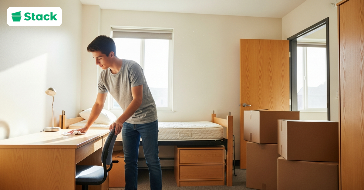 Student cleaning and clearing out a college dorm room before move-out inspection