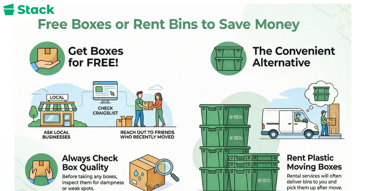 Infographic showing two ways to save money on moving boxes: getting free cardboard boxes from local businesses and renting reusable plastic moving bins with delivery and pickup.