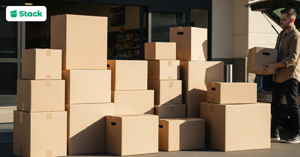 Assorted free cardboard moving boxes collected from local grocery stores and shops, ready for packing