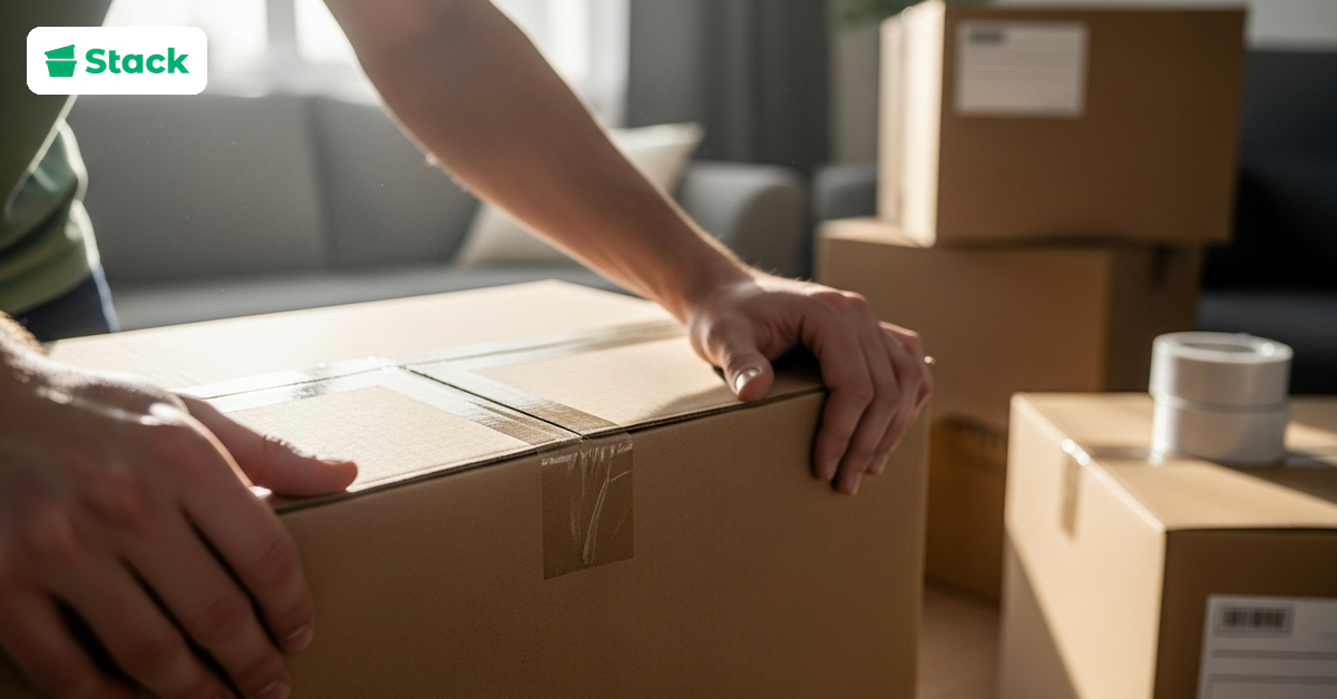 Person inspecting a sturdy cardboard box for damage before packing, illustrating the SAVE framework for choosing free moving boxes