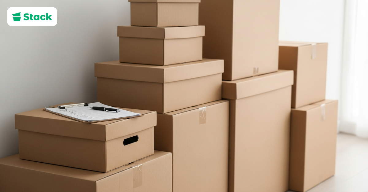 Neatly stacked and labeled moving boxes of different sizes in a room, showing how to plan how many boxes a move needs