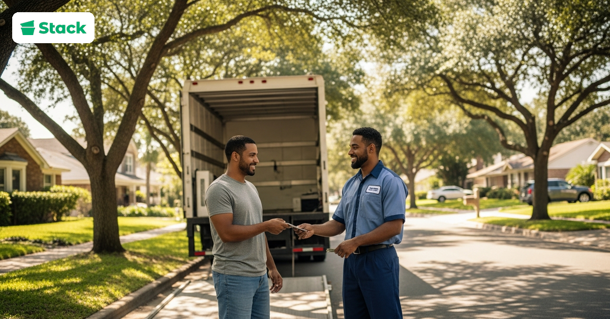 Customer handing a cash tip to a professional long-distance mover beside a moving truck