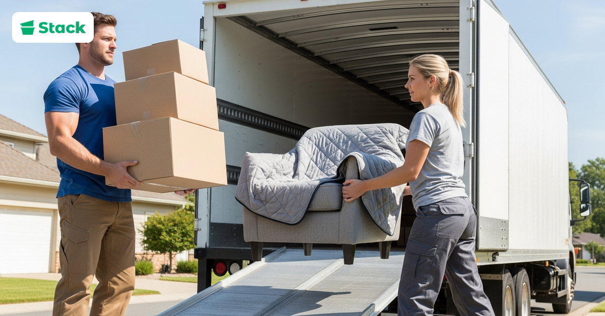 Two long-distance movers carrying boxes and furniture up a ramp into a moving truck